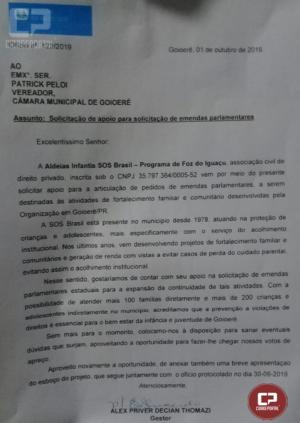 Deputado Estadual Soldado Adriano recebe pedido da Aldeias SOS de Goioer