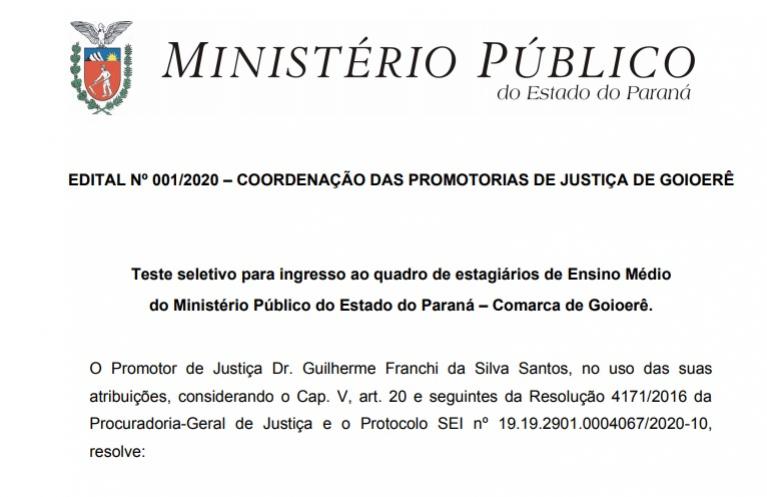 Ministério Público lança edital e abre inscrições para seleção de estagiário para Goioerê